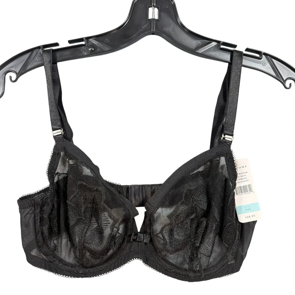 Natori Cherry Blossom Black Floral Lace Mesh Underwire Bra 728191 32C‎ NEW Sexy